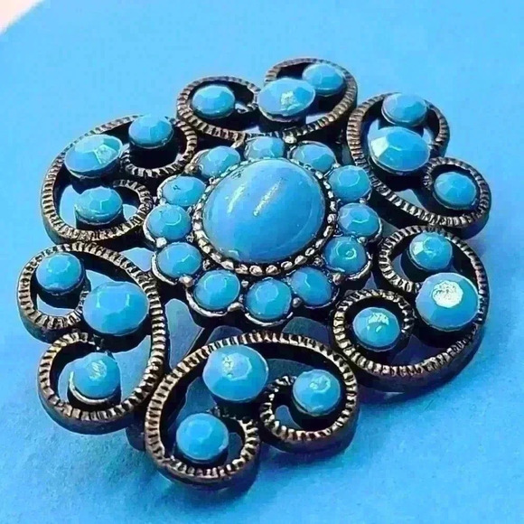 Vintage blue turquoise like dark silver tone brooch - Picture 11 of 15